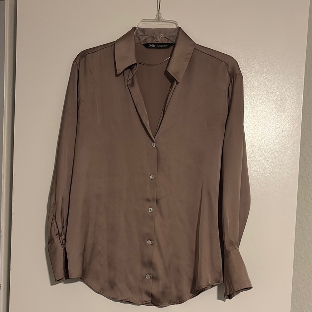 Silky Button-Up Blouse in Taupe